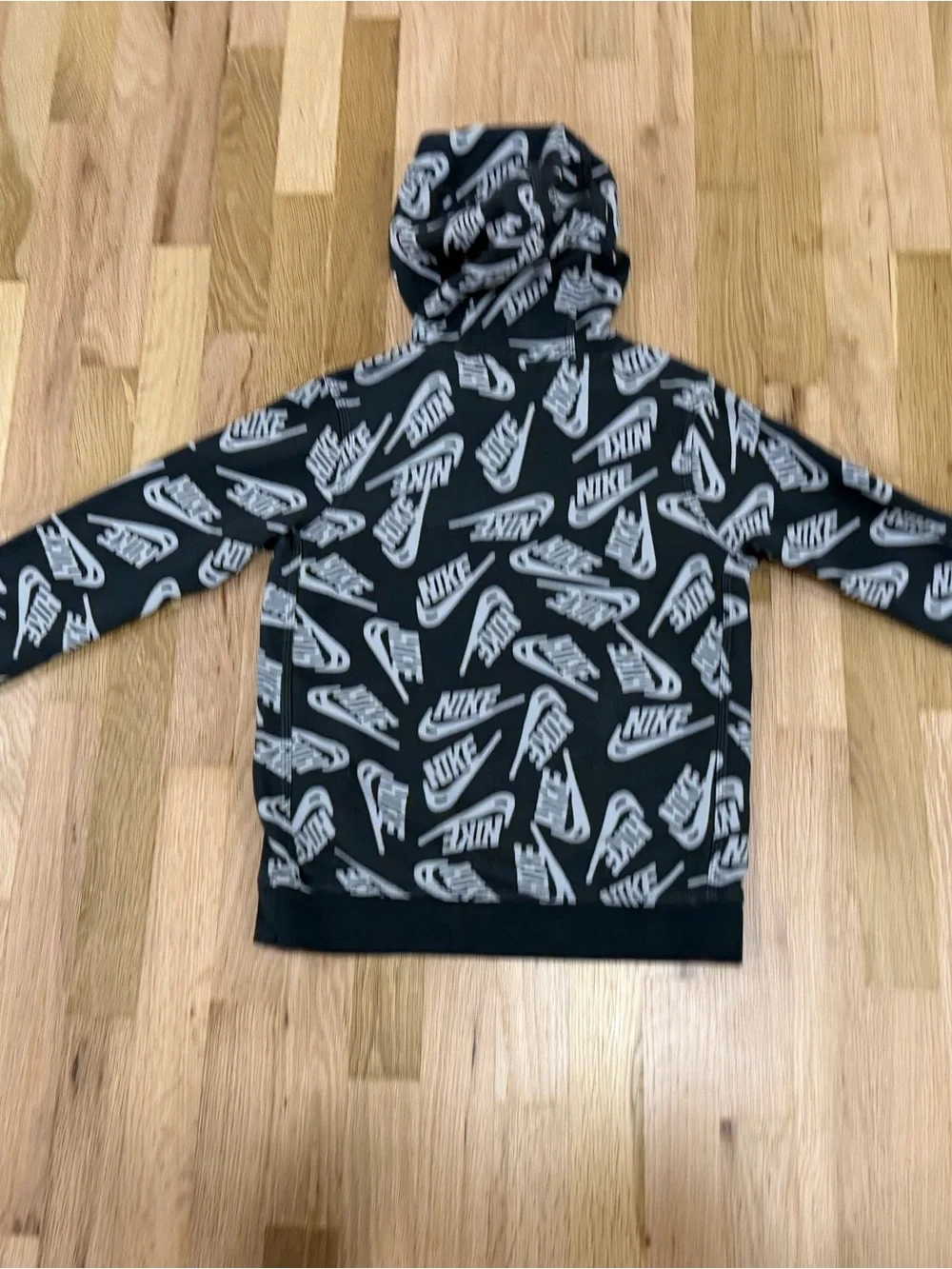 Nike Kids All Over Logo Swoosh Pullover Hoodie Black Gray Size M